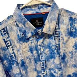Suslo Couture Mens 4X Blue Tie Dye Silver Metallic Greek Key Slim Fit Shirt